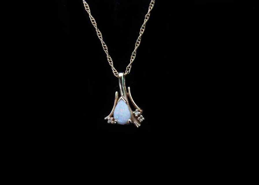 14K Yellow Gold Opal and Diamond Pendant Necklace