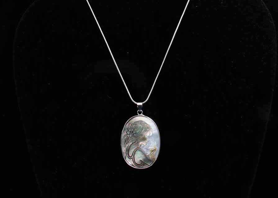 Sterling Silver Necklace with Abalone Shell Cameo Pendant