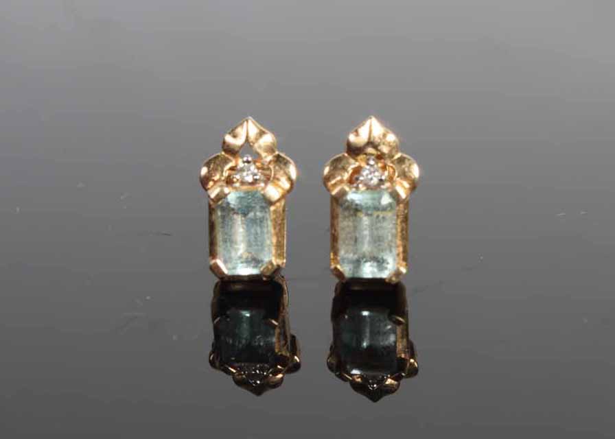 10K Gold Emerald Cut Aquamarine and Diamond Earrings