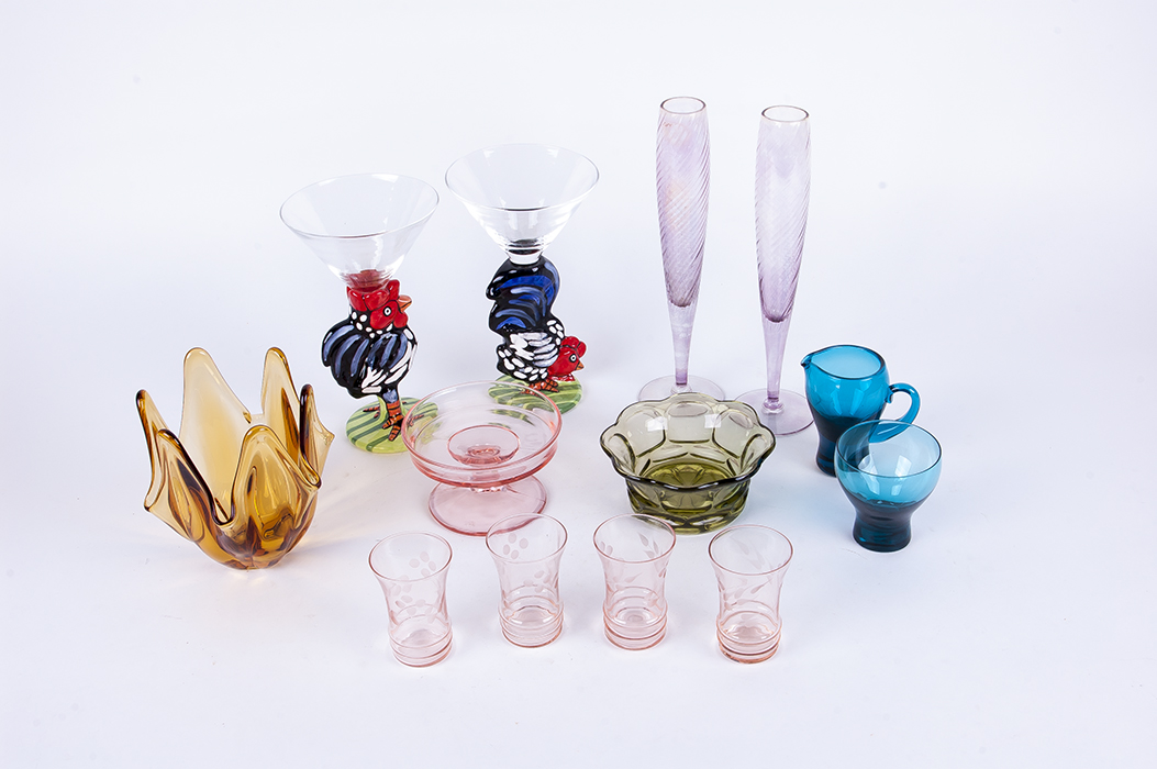 Assortment of Colorful Glassware