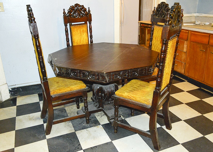 Vintage Gothic Revival Style Dining Table and Chairs