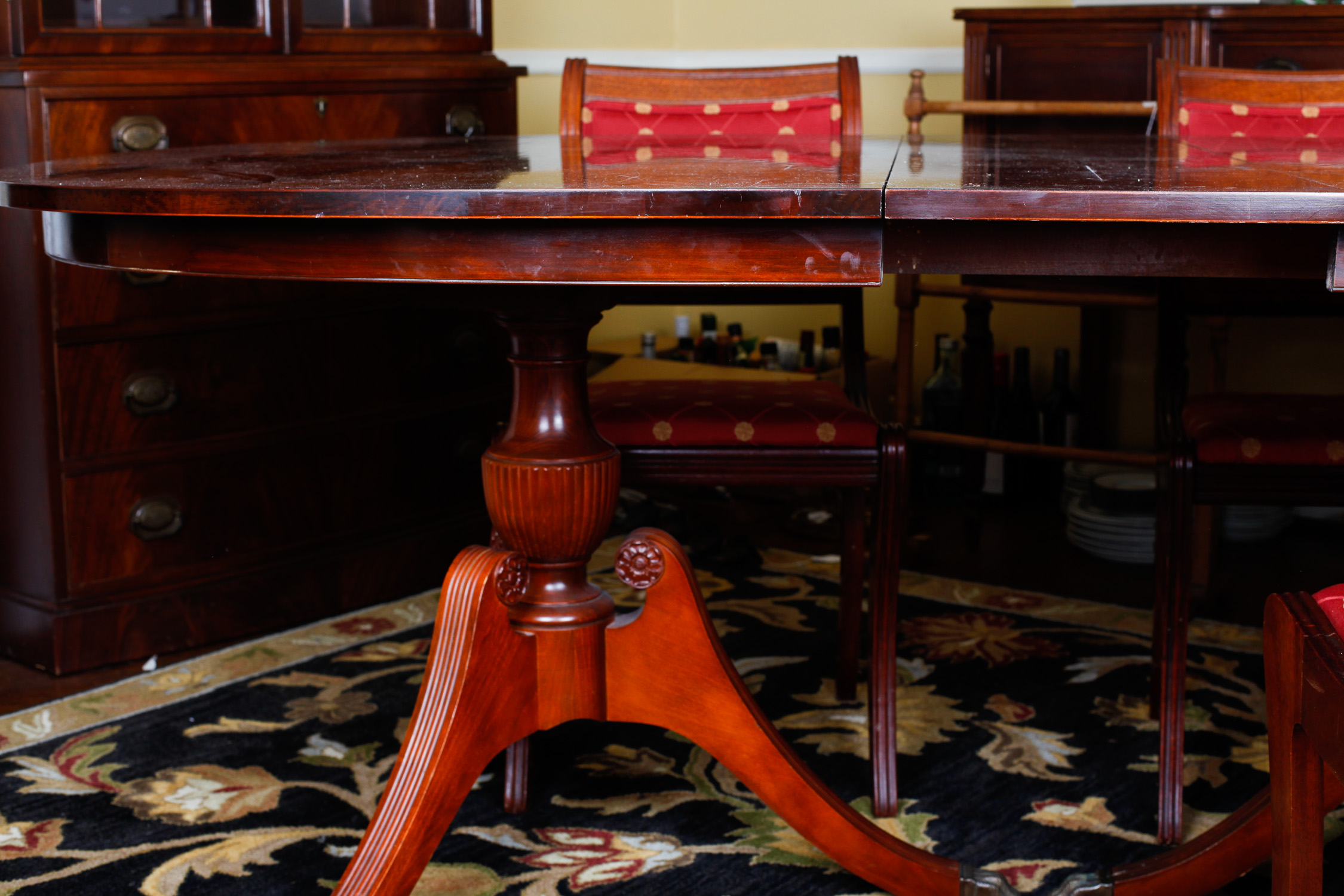 Duncan Phyfe Reproduction Mahogany Dining Table and Chairs