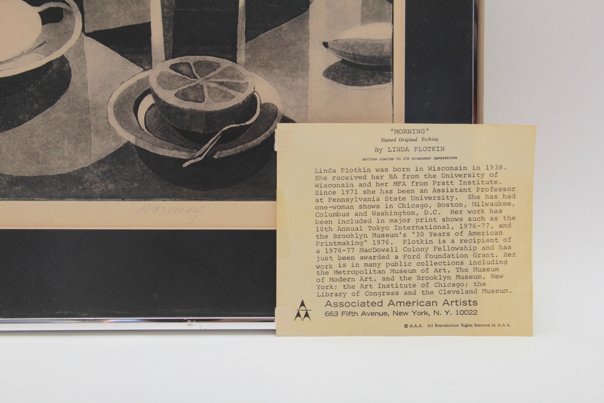 Limited Edition, Original Etching of "Morning" by Listed Artist, Linda Plotkin