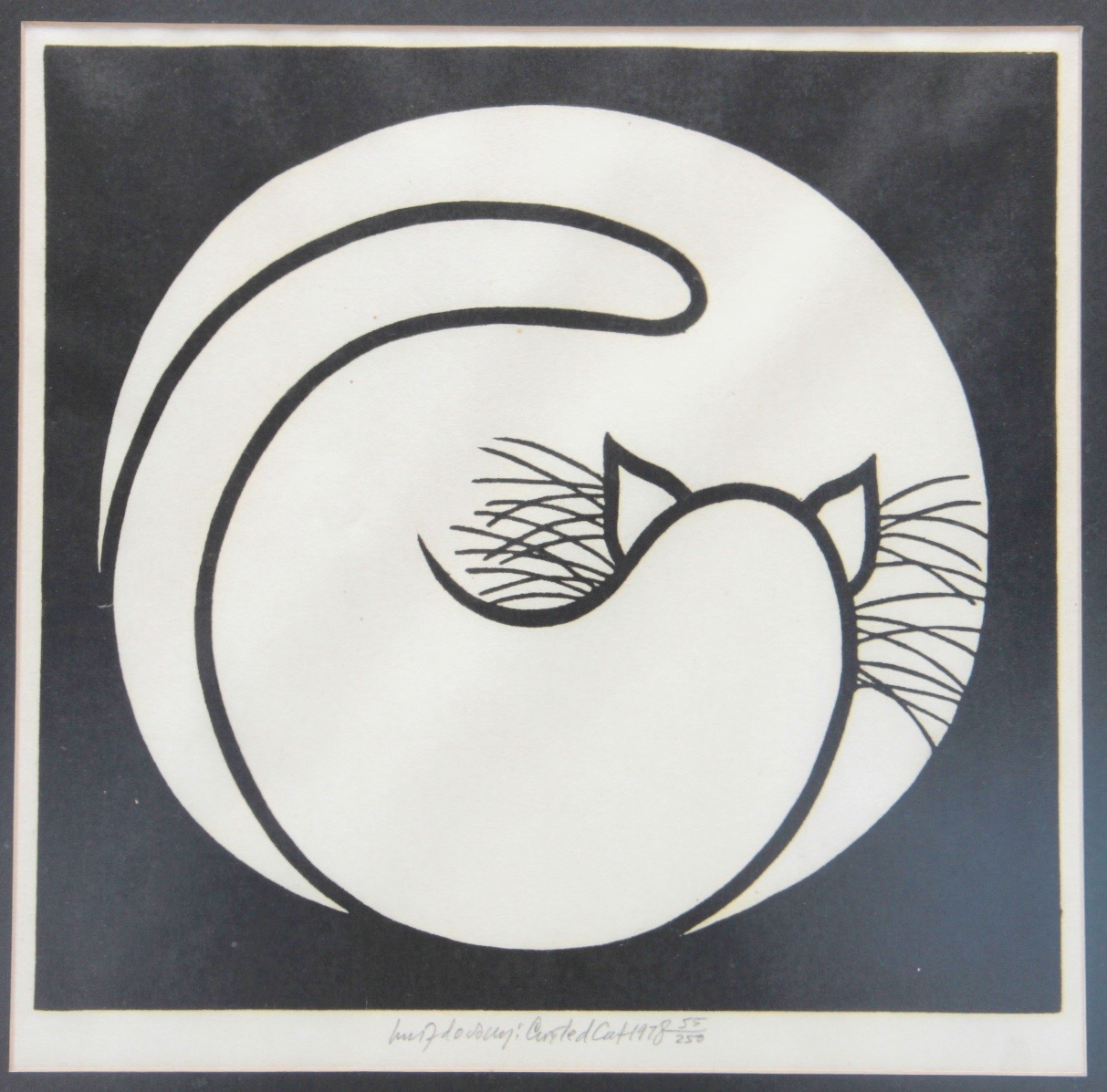 Limited Editon, 1978 Original Woodcut "Curled Cat" by Listed Artist, Jacques Hnizdovsky