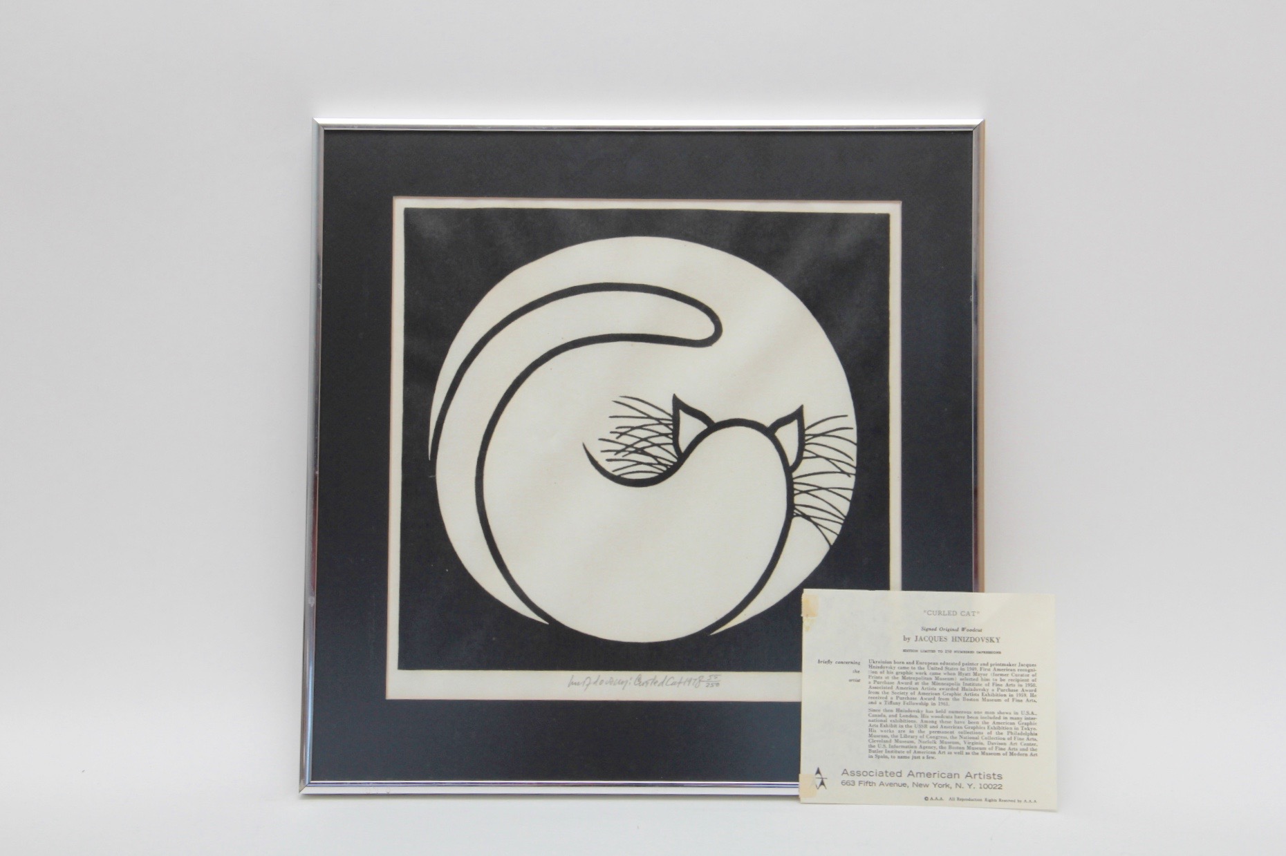 Limited Editon, 1978 Original Woodcut "Curled Cat" by Listed Artist, Jacques Hnizdovsky