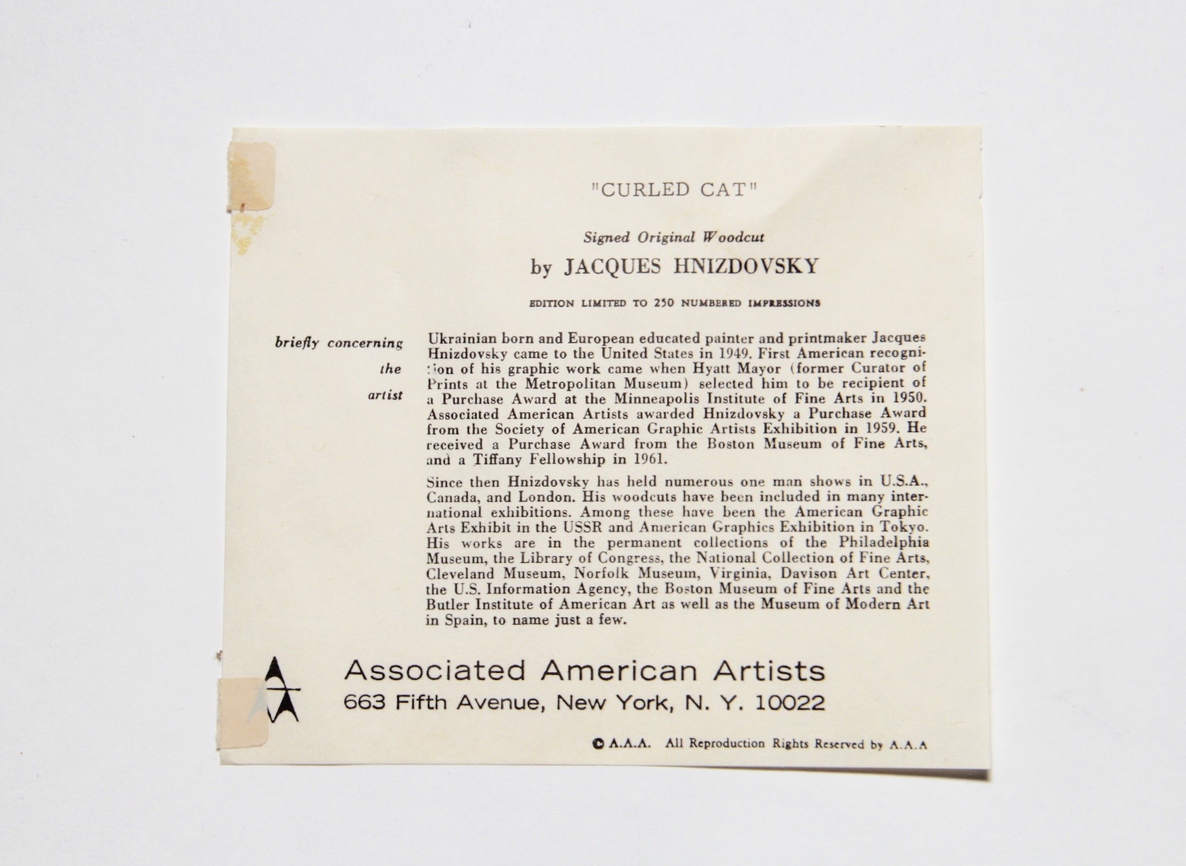 Limited Editon, 1978 Original Woodcut "Curled Cat" by Listed Artist, Jacques Hnizdovsky