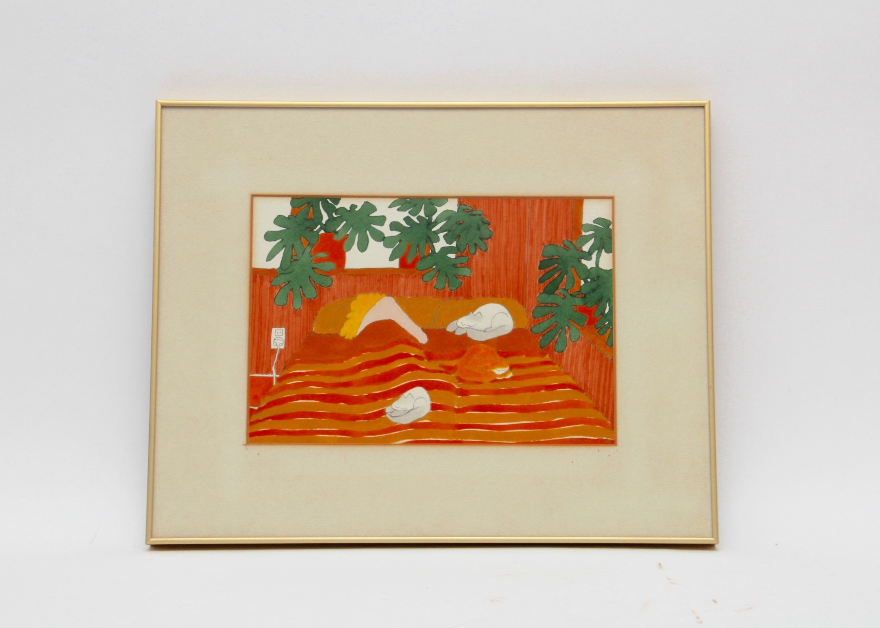 Signed Watercolor of Woman Sleeping with Cats by Teresa Farr