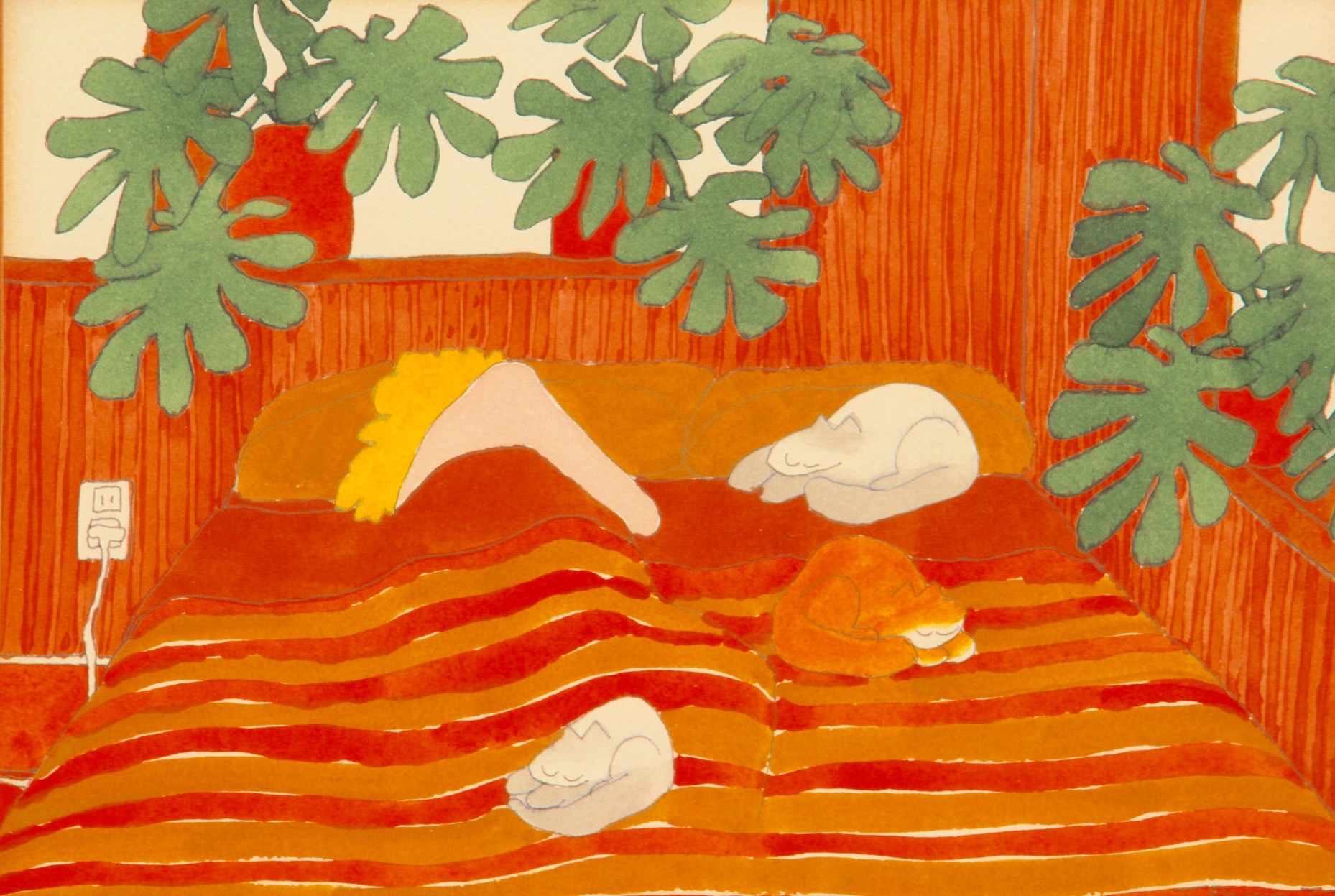 Signed Watercolor of Woman Sleeping with Cats by Teresa Farr