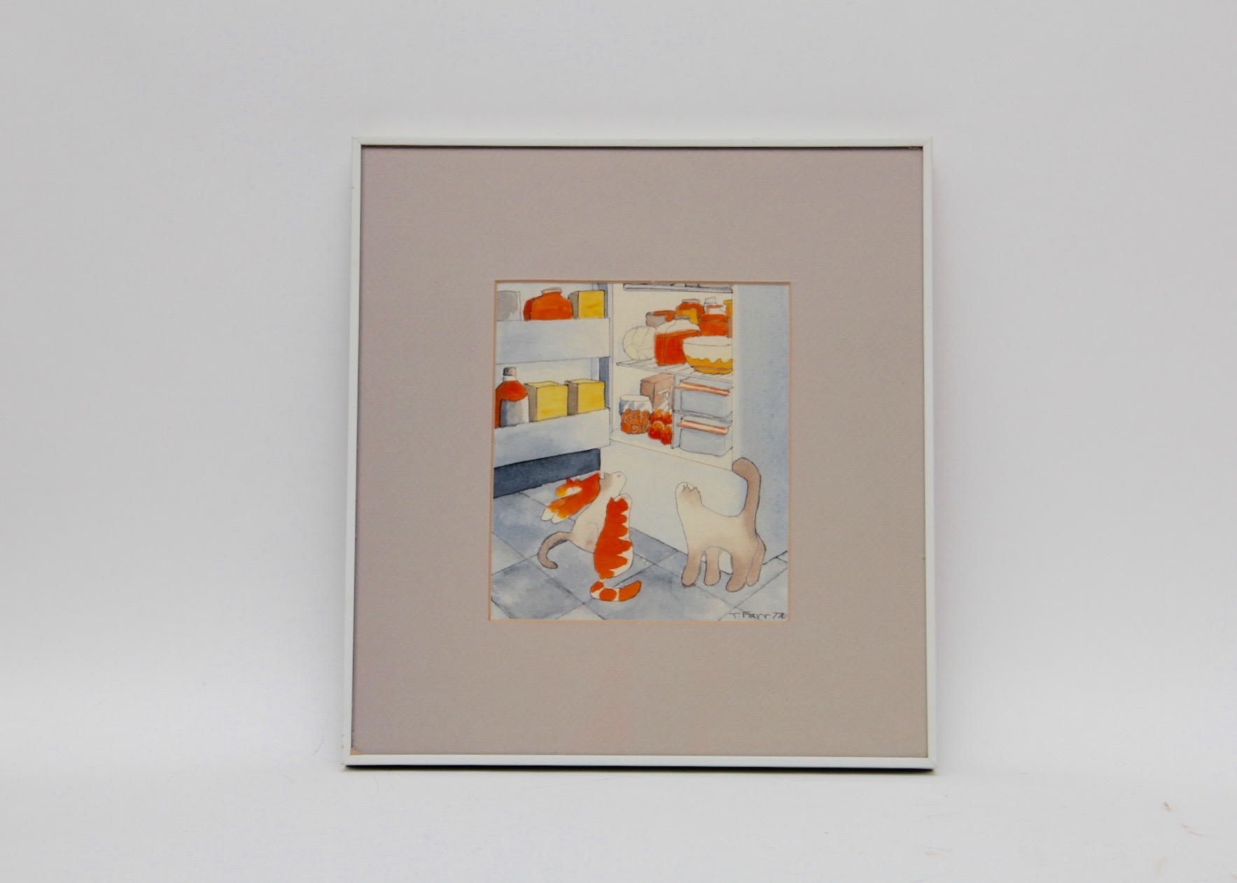 Signed Watercolor of Cats with Refrigerator by Teresa Farr