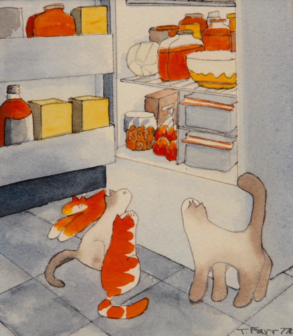 Signed Watercolor of Cats with Refrigerator by Teresa Farr