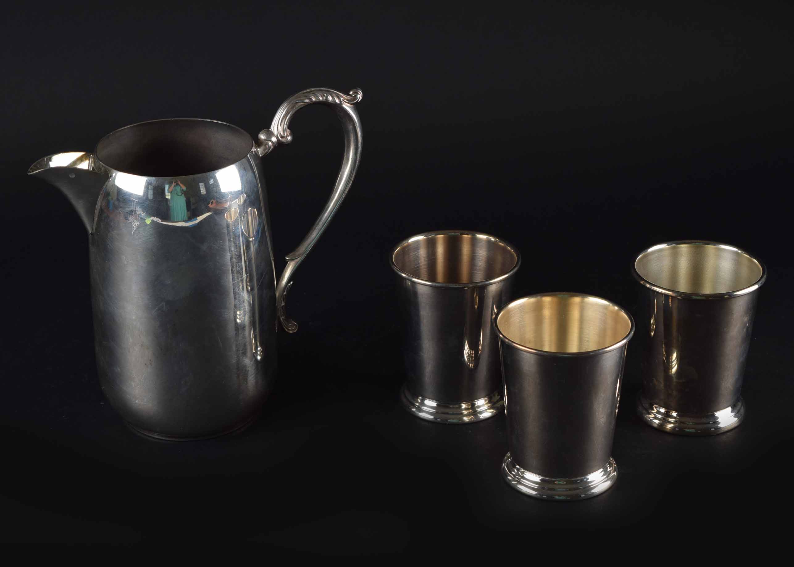 Sheridan Silverplate Water Pitcher and Three Julep Cups