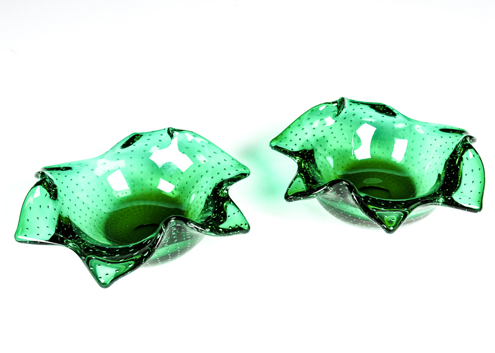 Duo of After Erickson Controlled Bubble Green Bowls