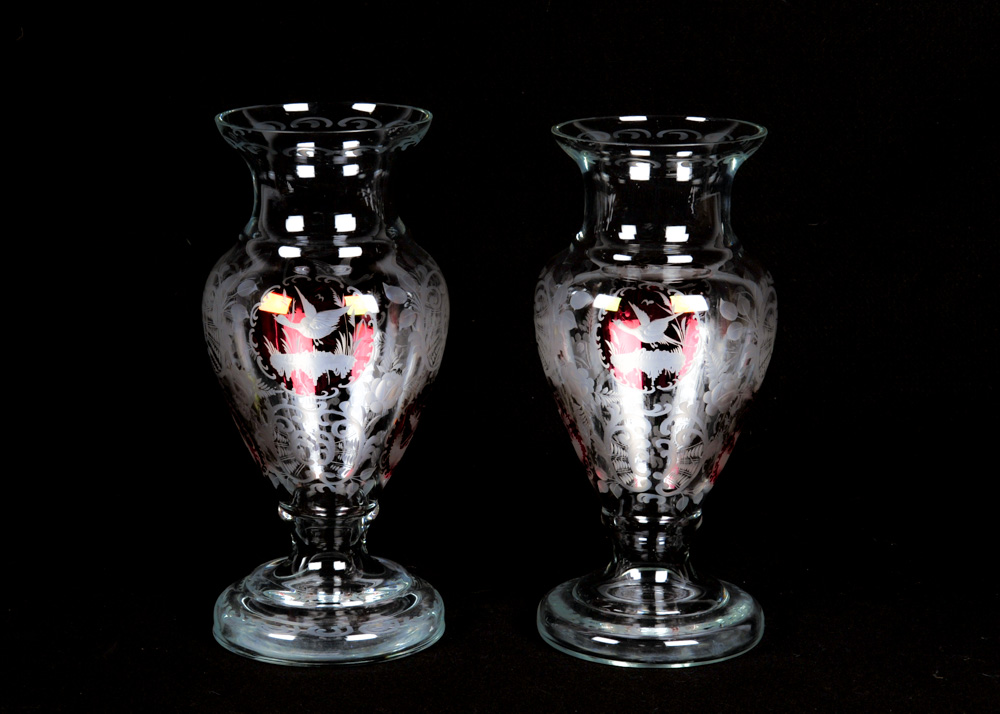 Duo of Tall Etched Glass Vases with Ruby Accents