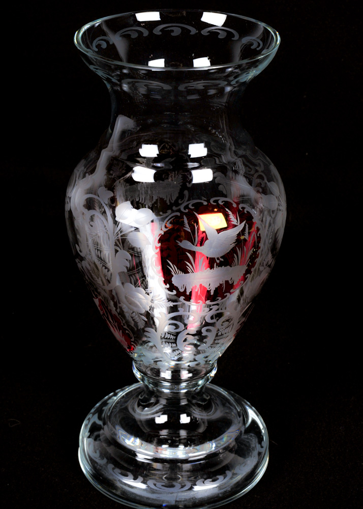 Duo of Tall Etched Glass Vases with Ruby Accents