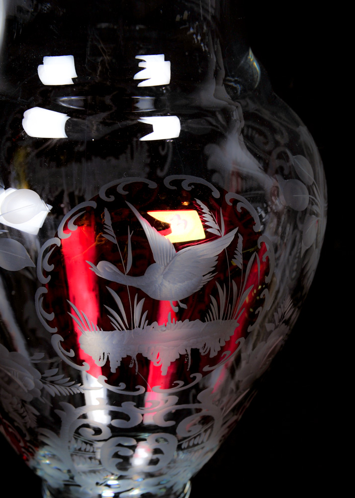 Duo of Tall Etched Glass Vases with Ruby Accents