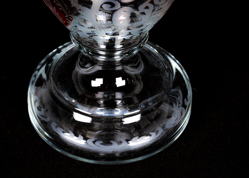 Duo of Tall Etched Glass Vases with Ruby Accents