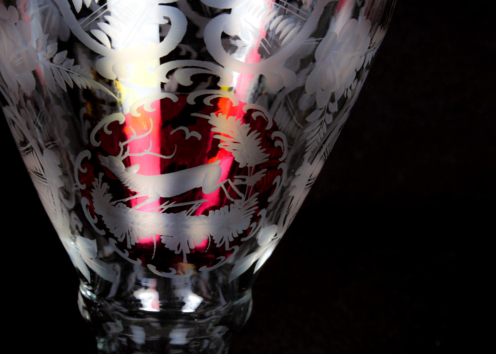Duo of Tall Etched Glass Vases with Ruby Accents