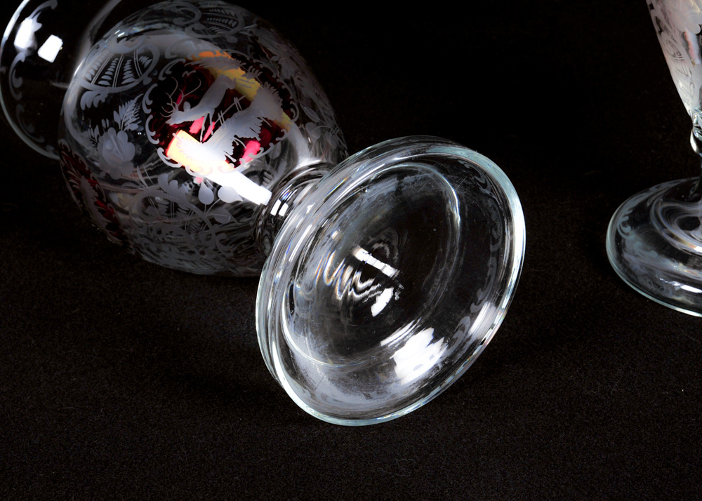 Duo of Tall Etched Glass Vases with Ruby Accents