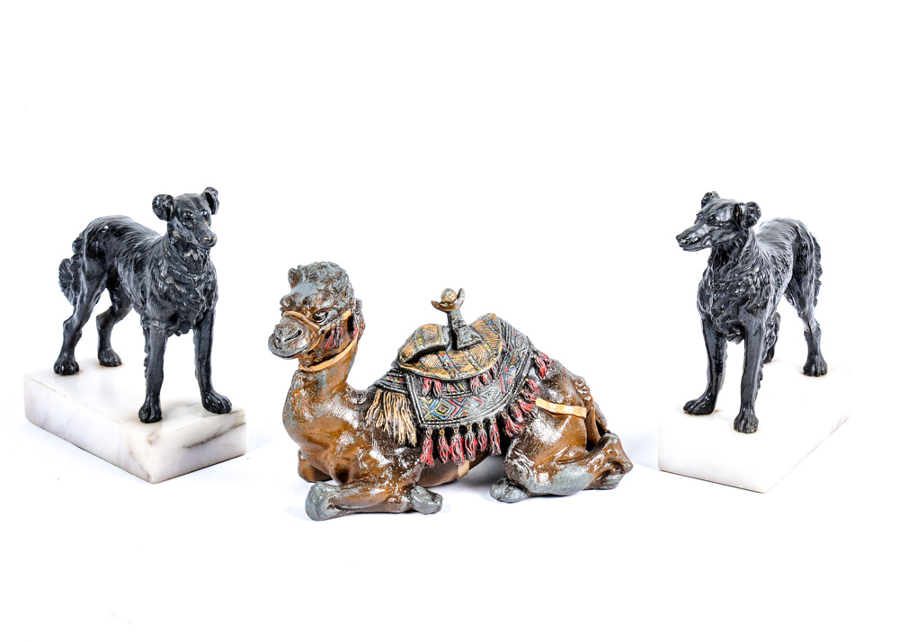 Duo of Vintage Setter Bookends and Antique Camel Inkwell