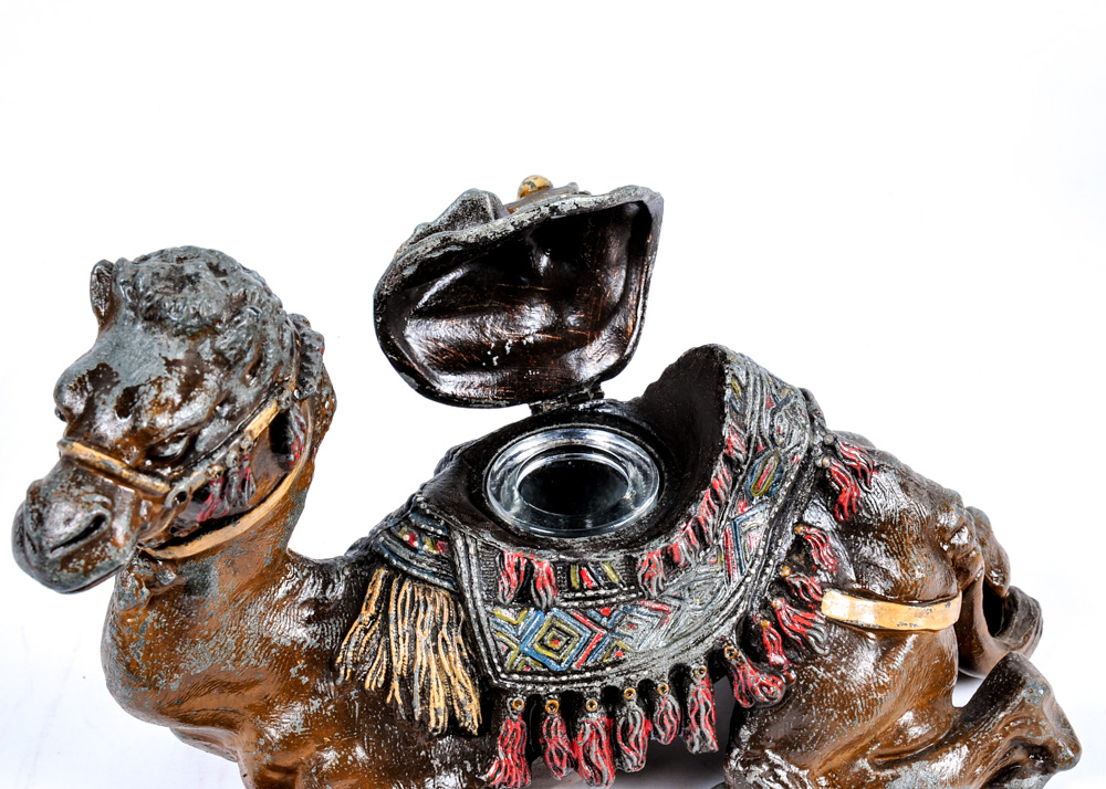 Duo of Vintage Setter Bookends and Antique Camel Inkwell