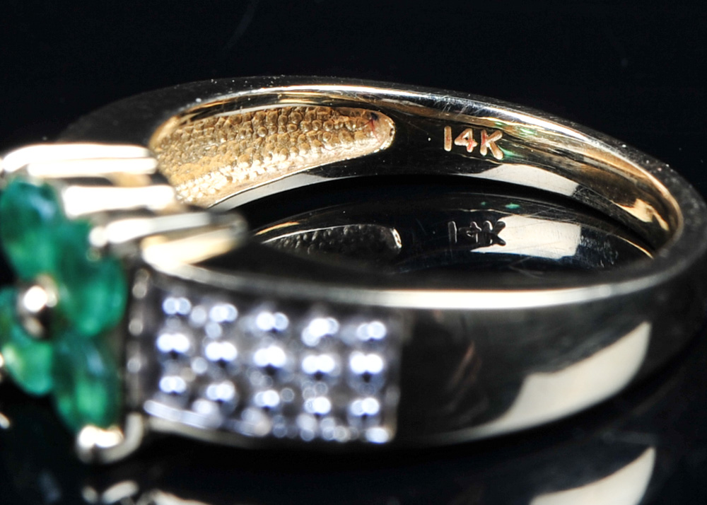 14K Gold Diamond and Emerald Four Leaf Clover Ring