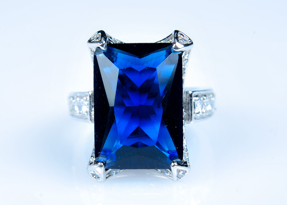 Faux Sapphire and Diamond Sterling Silver Ring