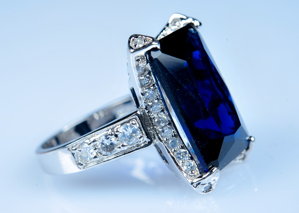 Faux Sapphire and Diamond Sterling Silver Ring