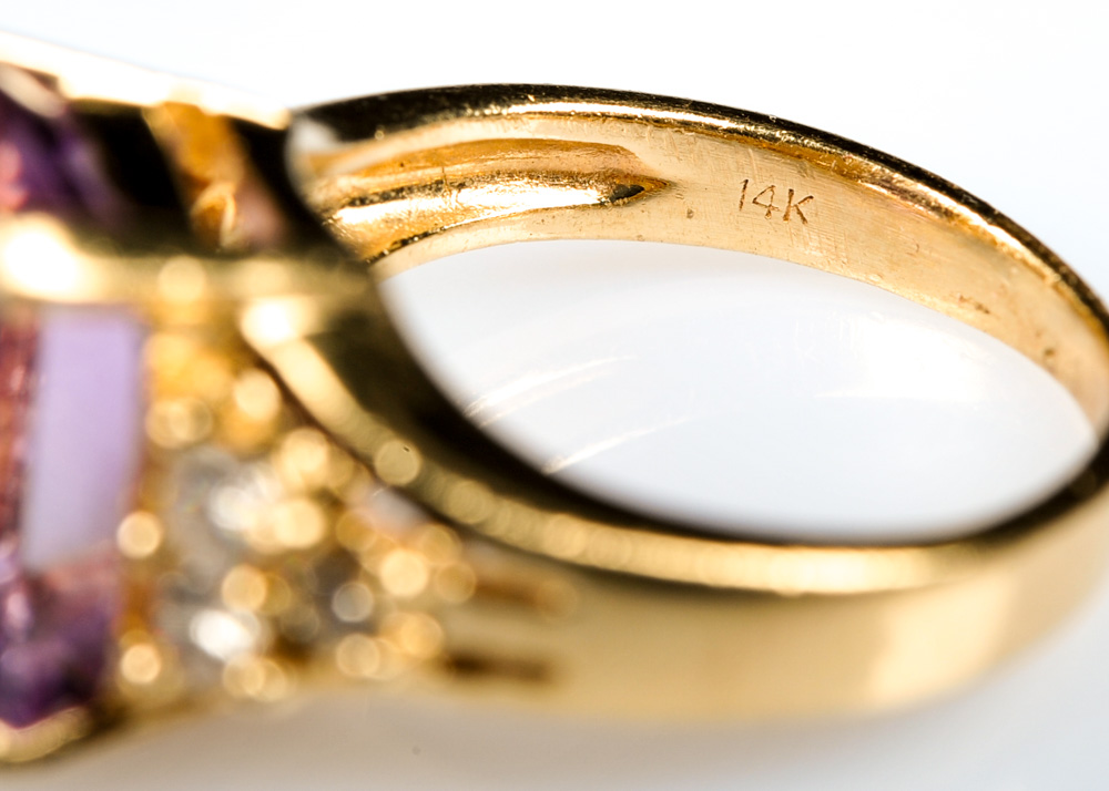 14K Gold Amethyst and Diamond Ring