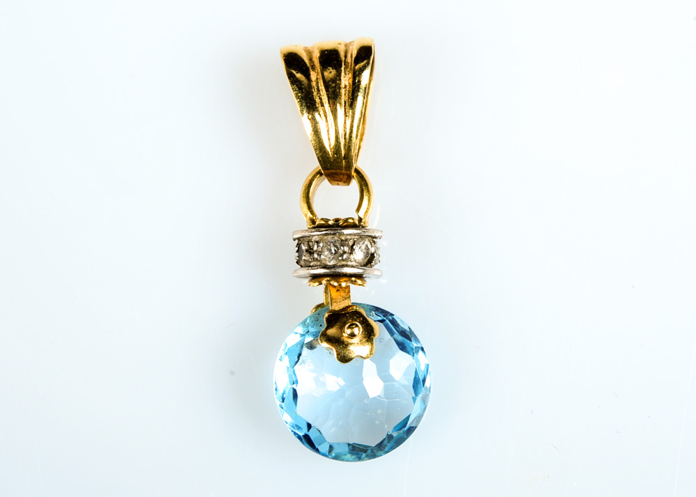 18K Gold Diamond and Blue Topaz Pendant