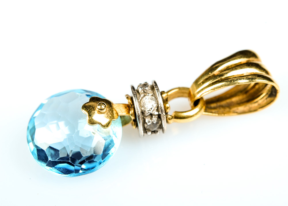 18K Gold Diamond and Blue Topaz Pendant