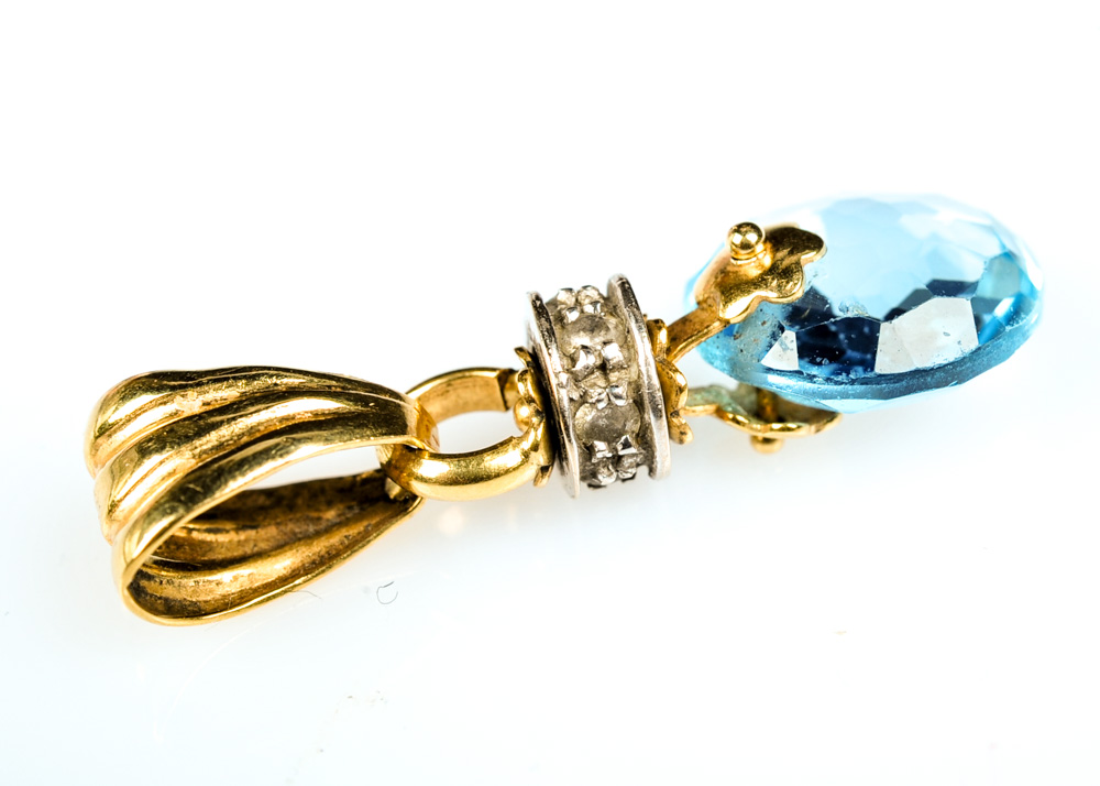 18K Gold Diamond and Blue Topaz Pendant