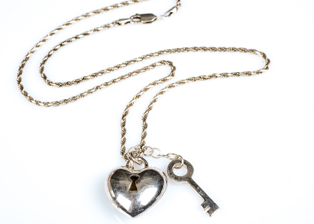 Sterling Silver Heart Shaped Lock and Key Pendant