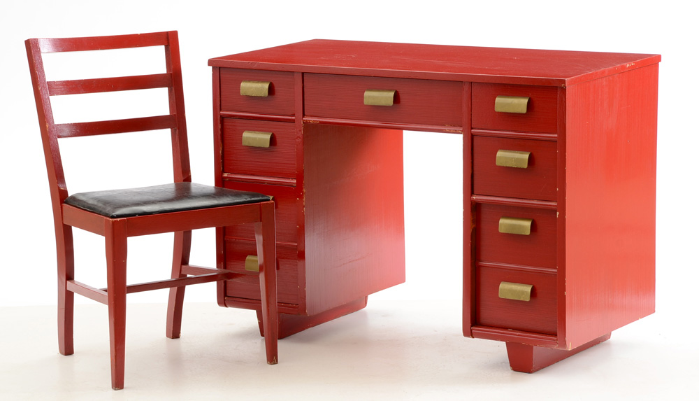 Red Painted Mid-Century Desk and Chair