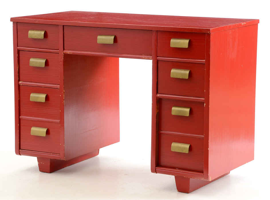 Red Painted Mid-Century Desk and Chair