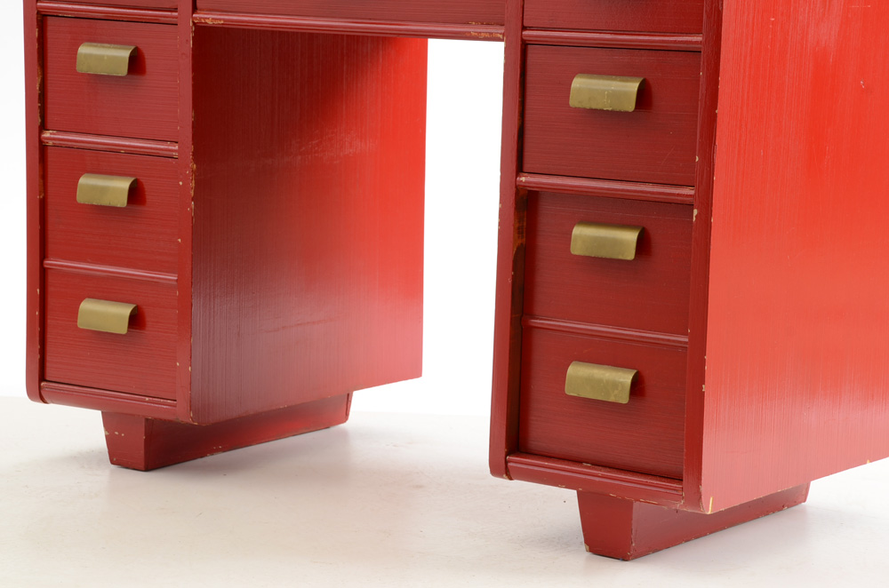 Red Painted Mid-Century Desk and Chair