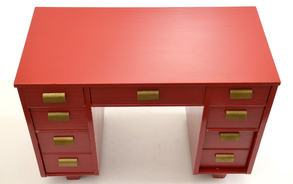 Red Painted Mid-Century Desk and Chair