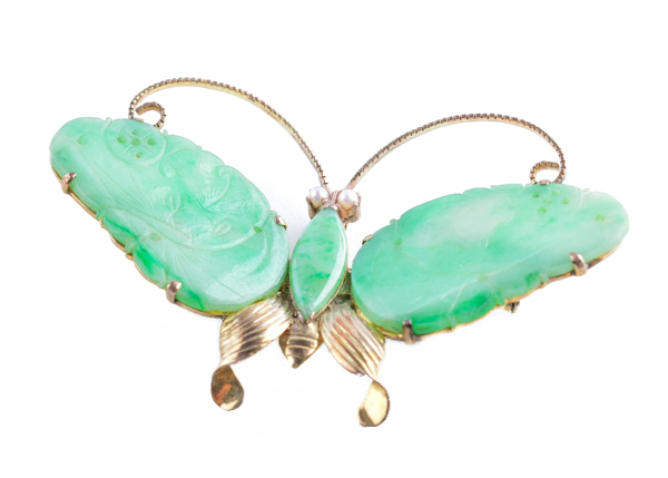 14K Yellow Gold and Jade Butterfly Brooch