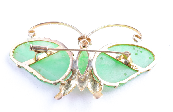14K Yellow Gold and Jade Butterfly Brooch