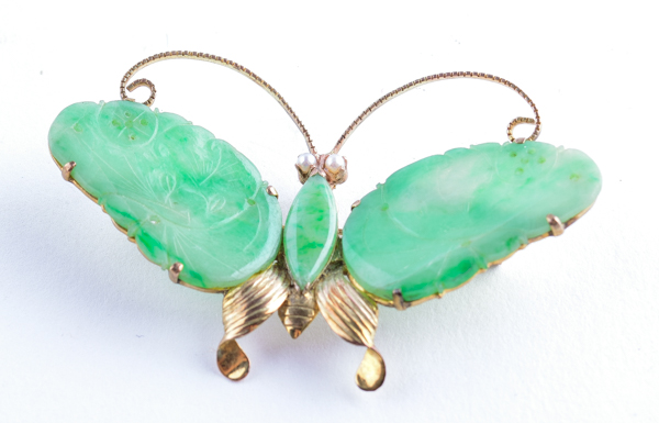 14K Yellow Gold and Jade Butterfly Brooch