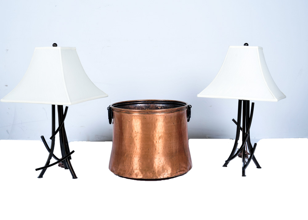 Copper Vessel and Abstract Metal Table Lamps