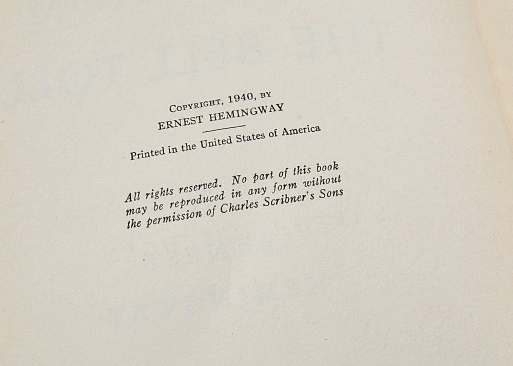 First Edition "For Whom The Bell Tolls" by Ernest Hemingway