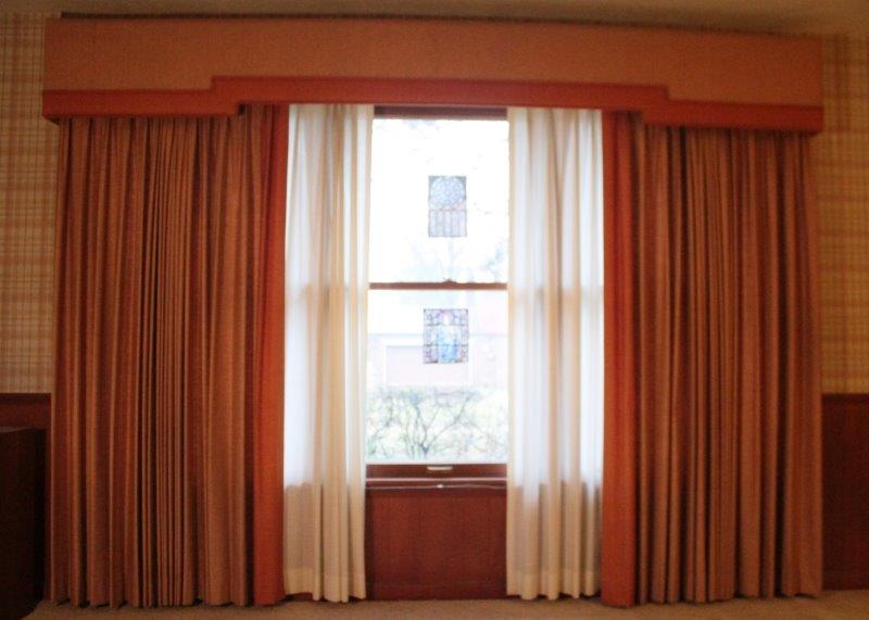 Circa 1970s Rust Colored Curtain and Valance Box with Rods and Sheers