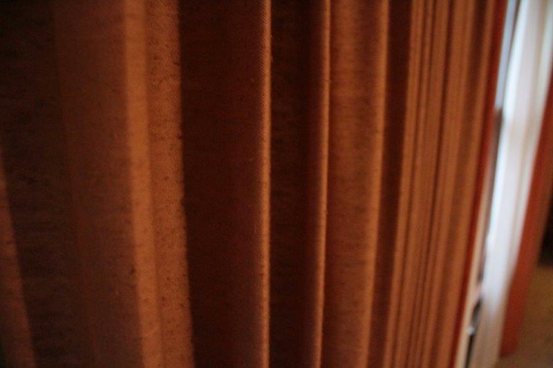 Circa 1970s Rust Colored Curtain and Valance Box with Rods and Sheers