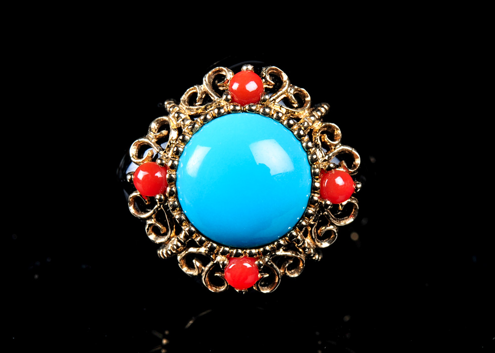 14K Gold Turquoise,  Onyx, and Coral Ring