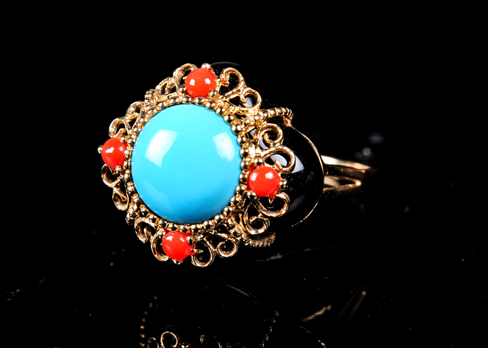 14K Gold Turquoise,  Onyx, and Coral Ring