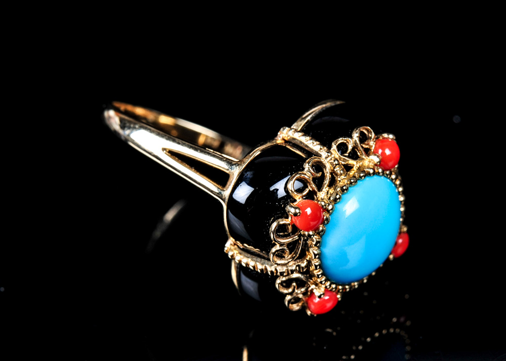 14K Gold Turquoise,  Onyx, and Coral Ring