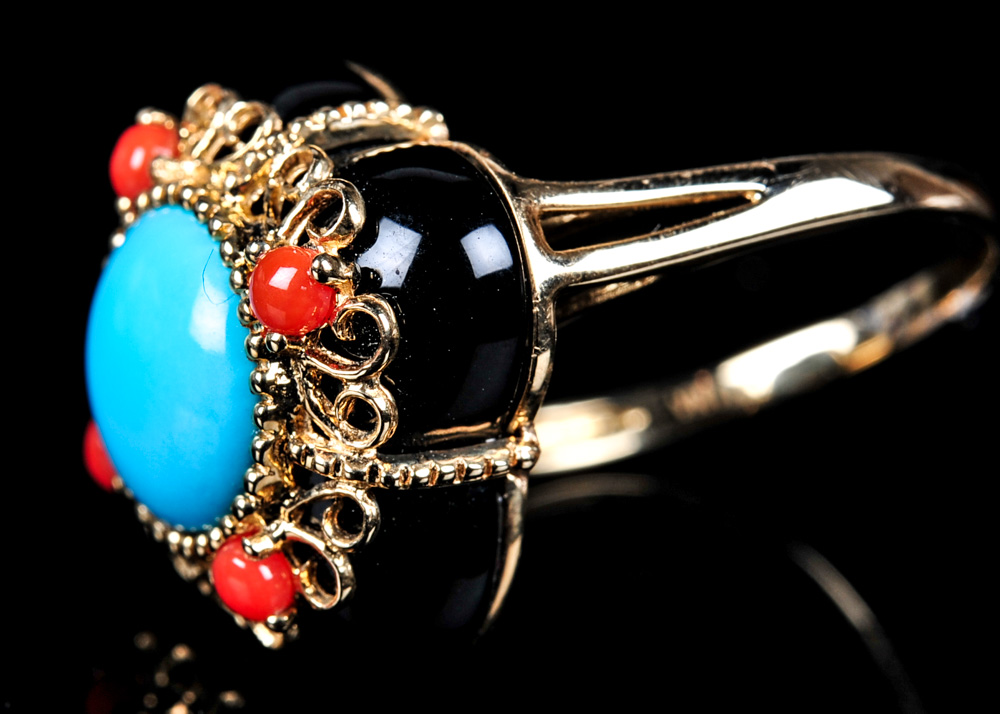 14K Gold Turquoise,  Onyx, and Coral Ring