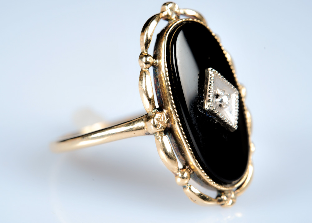 10K Gold Onyx and Diamond Ring