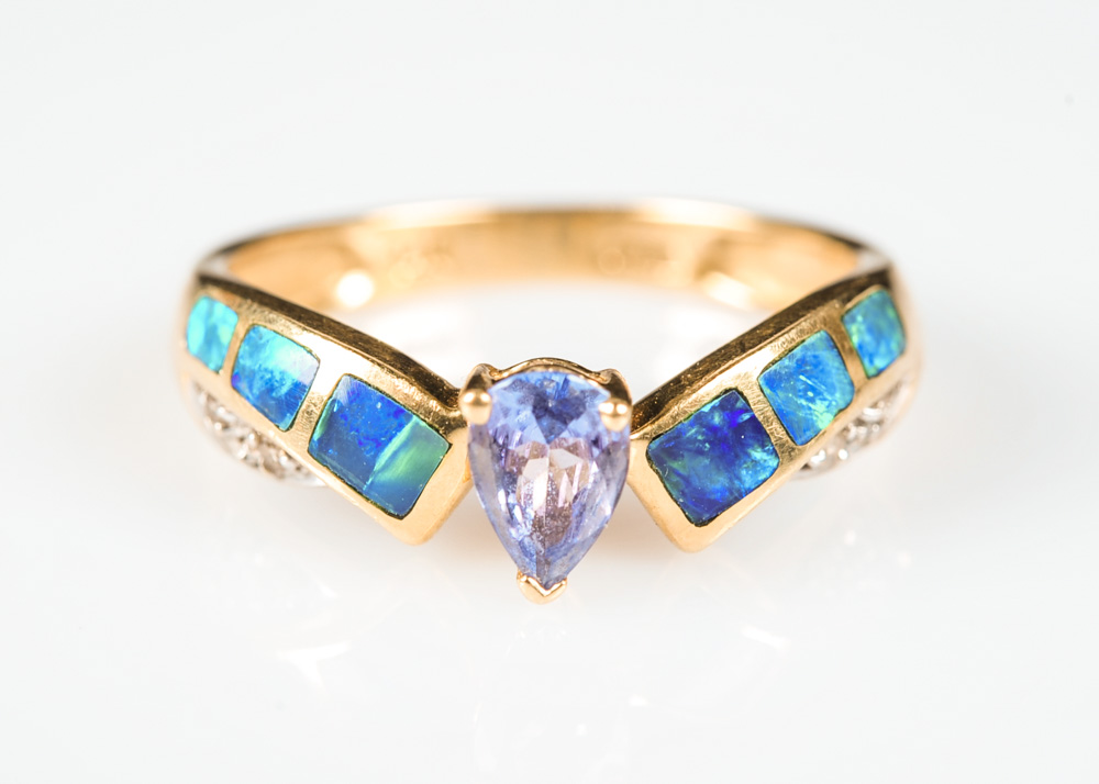 14K Yellow Gold, Diamond, Tanzanite, and Opal Ring