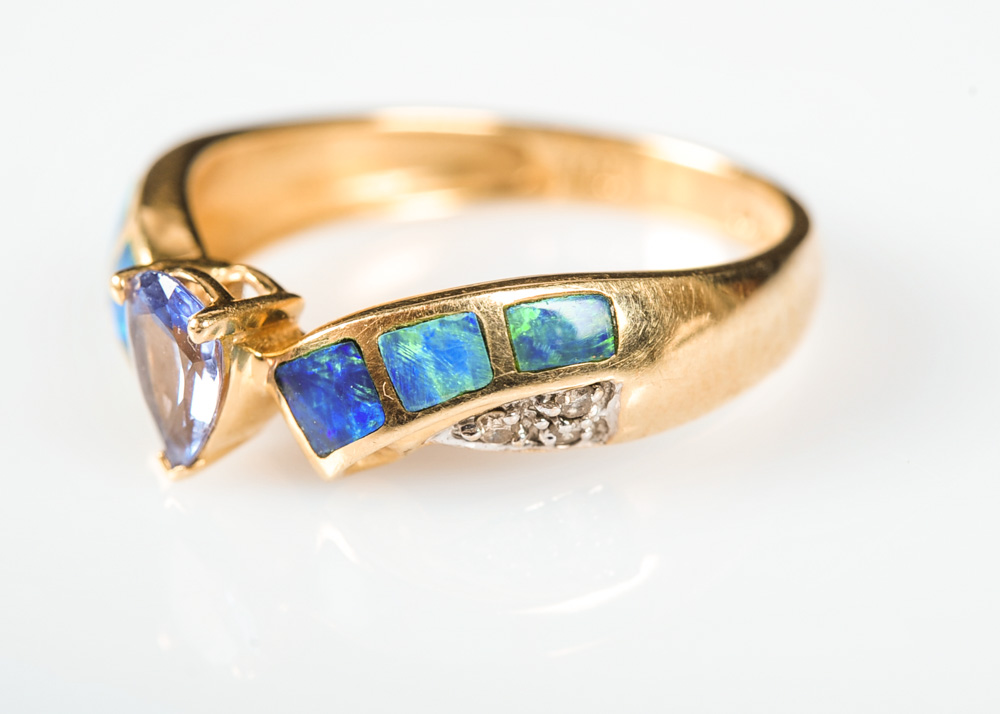 14K Yellow Gold, Diamond, Tanzanite, and Opal Ring